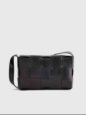Quince  Italian Leather HandWoven Flap Crossbody Shoulder Bag - Black